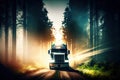 truck, speeding through forest with the sun filtering through the trees Royalty Free Stock Photo