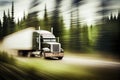 truck speeding past forest with blurred trees in the background Royalty Free Stock Photo