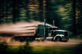 truck speeding past forest with blurry trees in the background