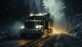 Truck speeding on wet asphalt, delivering cargo through foggy forest generated by AI Royalty Free Stock Photo