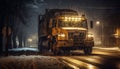 Truck speeds through snowy night, delivering freight in winter generated by AI Royalty Free Stock Photo