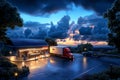A truck stop illuminated in twilight, surrounded by lush trees and dramatic clouds, capturing the essence of a tranquil evening Royalty Free Stock Photo