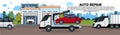 Truck Towing Car To Auto Repait Garage Horizontal Banner With Copy Space