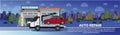 Truck Towing Car To Auto Repait Garage At Night Horizontal Banner With Copy Space