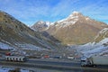 Truck traffic in the hairpin curves at Paso International Los Libertadores or Cristo Redentor, Chile Royalty Free Stock Photo