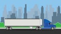 Truck trailer blue transportation on the highway with city background