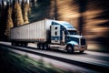 truck with trailer transporting goods and speeding along forest road Royalty Free Stock Photo