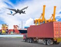 Truck transport container and cago plane flying above ship port Royalty Free Stock Photo