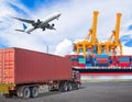 Truck transport container and cago plane flying above ship port