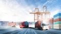 Truck transport red and blue container on highway with container handler in the loading at port cargo shipping dock Royalty Free Stock Photo