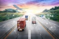 Truck transport with red container on highway road at sunset, Depth Blur effect, logistics import export background Royalty Free Stock Photo