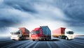 Truck transport with red container on highway road at sunset, motion blur effect, logistics import export background