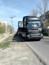 The truck is transporting in Ukraine humanitarian aid from the international organization Red Cross