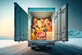 A truck transports an abundance of healthy fruits, representing accessible nutritious food and drink for wellbeing. Ai generated