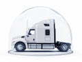 Truck under a glass dome on a white background. Concept of protecting your cargo and guaranteed delivery Royalty Free Stock Photo