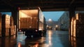 The truck unloading boxes in a rainy warehouse at night..AI generated image Royalty Free Stock Photo
