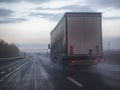 A truck wagon rides on a highway with poor visibility where it rains and fog, background. Bad Road Safety Concept, copy