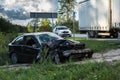 Frontal collision of BMW and truck DAF, in Latvia on the A4 road, which occurred on the evening of August 21, 2018 Royalty Free Stock Photo