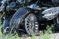 Frontal collision of BMW and truck DAF, in Latvia on the A4 road, which occurred on the evening of August 21, 2018 Royalty Free Stock Photo