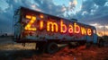 Truck with Zimbabwe text at sunset in the background