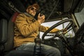 Trucker Driver CB Radio Talk Inside a Truck Royalty Free Stock Photo