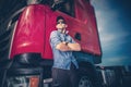 Trucker and His Semi Truck Royalty Free Stock Photo