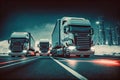 Trucking and fast delivery of goods, three trucks on the road. Generative ai