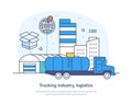 Trucking industry, logistics, cargo transportation, shipping and delivery