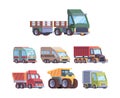 Trucks collection. Heavy industry and cargo service vehicles postal delivery trailer transport for builders vector Royalty Free Stock Photo