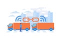 Trucks connected into platoon with connectivity technologies. Truck platooning, autonomous driving trucks, modern logistics