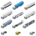 Trucks with different semi-trailers detailed isometric icons set Royalty Free Stock Photo