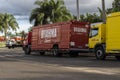 Trucks at the distribution and resale center of the AMBEV beer company on the streets of the city