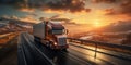 Trucks driving on highway, rural landscape, dramatic sunset, transportation on road