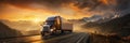 Trucks driving on highway, rural landscape, dramatic sunset, transportation on road