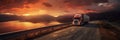 Trucks driving on highway, rural landscape, dramatic sunset, transportation on road