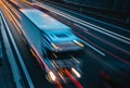 Trucks on highway in night time. Motion blur, light trails. Transportation, logistic. Timelapse, hyperlapse of Royalty Free Stock Photo