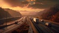 Trucks on the highway. Transportation theme. Road cars theme. Generative AI