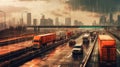 Trucks on the highway. Transportation theme. Road cars theme. Generative AI