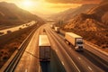 Trucks on the highway. Transportation theme. Road cars theme. Generative AI