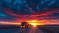 Trucks lined up on highway at sunset, creating dramatic scene Royalty Free Stock Photo