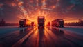 Trucks move on snowy road at sunset, under colorful sky Royalty Free Stock Photo