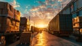 Trucks on The Parking Lot with sunset, Trucks Loading at Dock Warehouse, Shipping Cargo Container Delivery Trucks