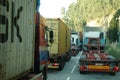 Trucks stacked on jam at main entrance LeixÃÂµes port internacional Matosinhos Portugal Royalty Free Stock Photo