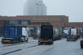 Trucks transporting Containers arrive at LeixÃÂµes port mais entrance facilities where should make a documents goods check in