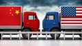 Trucks with USA and China flags come across in narrow road. 3D illustration