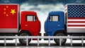 Trucks with USA and China flags come across in narrow road. 3D illustration