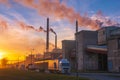 Trucks waiting to be loaded in a chemical plant