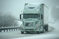 Trucks on winter highway during snowstorm