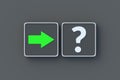 True answers. Question mark and arrow on buttons. Alternative sources of information. Permitted requests