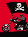 A true biker. True freedom. Hard man on a stylish motorcycle with a black flag.